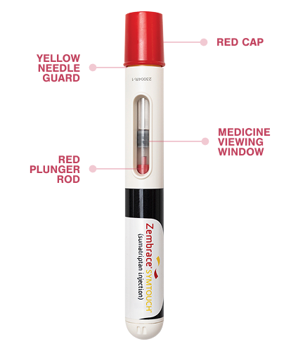 Zembrace SymTouch 3 mg auto-injector: red cap, yellow needle guard, medicine viewing window, red plunger rod.