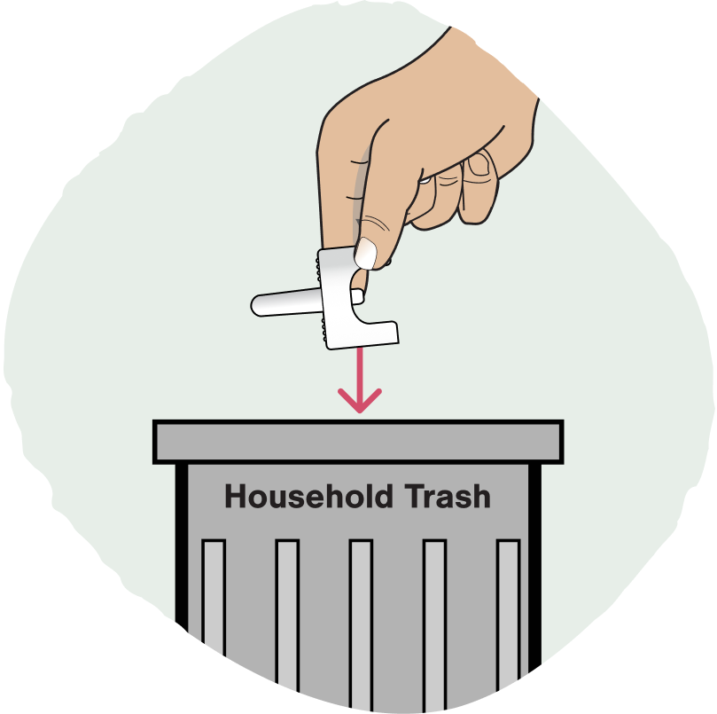 Illustration of used Tosymra nasal spray device being disposed of in household trash